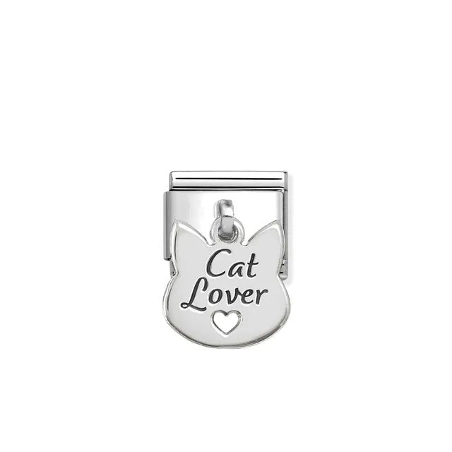 Nomination Classic Link with sterling-silver Cat Lover pendant shaped like a cat head with cut-out heart.