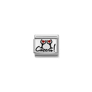 Close-up of Nomination Cheers Classic Link in stainless steel with sterling silver, red enamel hearts and hand-written Cheers script
