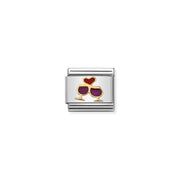 Nomination Classic Link with clinking glasses and heart in red enamel framed by yellow gold on stainless steel