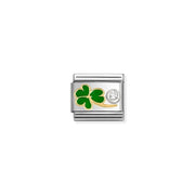 Nomination Classic Link clover in green enamel with single white cubic zirconia set in sterling silver on stainless steel, compatible with Composable Nomination bracelets