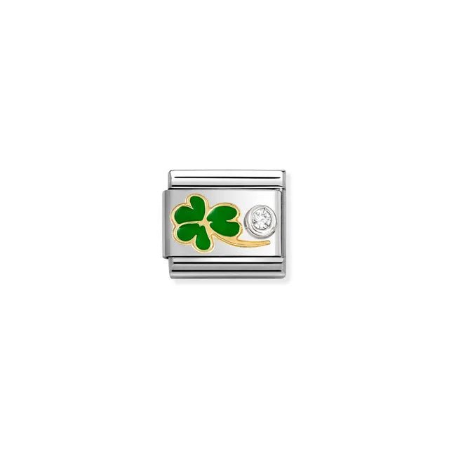 Nomination Classic Link clover in green enamel with single white cubic zirconia set in sterling silver on stainless steel, compatible with Composable Nomination bracelets