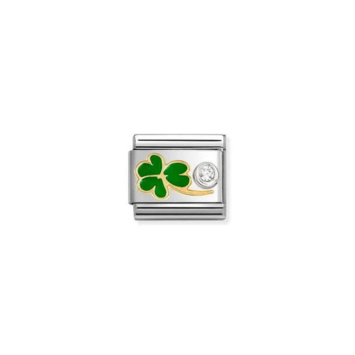 Nomination Classic Link clover in green enamel with single white cubic zirconia set in sterling silver on stainless steel, compatible with Composable Nomination bracelets