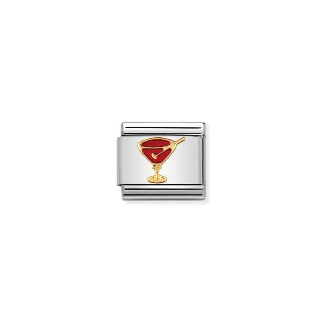 Nomination Classic Link cocktail glass in bonded yellow gold with red enamel on stainless steel for Composable Bracelet, UK.