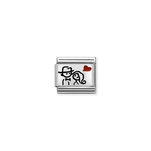 Close-up of Nomination Couple with Heart Classic Link in stainless steel with sterling silver detail and red enamel heart