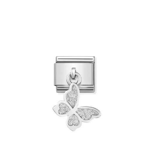 Nomination Classic Link butterfly pendant in silver with white glitter – charm for Nomination Bracelets.