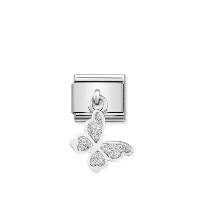 Nomination Classic Link butterfly pendant in silver with white glitter – charm for Nomination Bracelets.