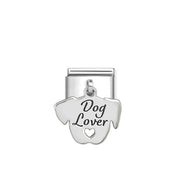 Nomination Classic Link with sterling-silver Dog Lover pendant shaped like a dog head with heart cut-out.