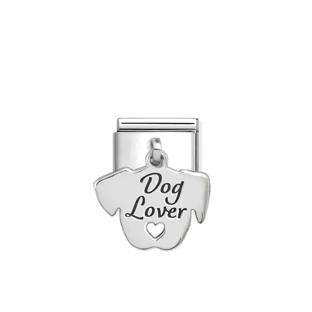 Nomination Classic Link with sterling-silver Dog Lover pendant shaped like a dog head with heart cut-out.