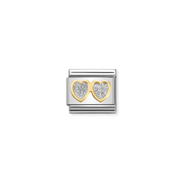 Nomination Classic Link with two yellow-gold hearts filled with silver glitter enamel on stainless steel.