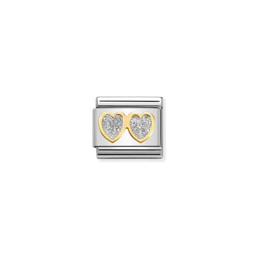 Nomination Classic Link with two yellow-gold hearts filled with silver glitter enamel on stainless steel.