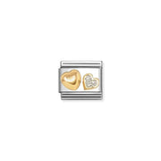 Nomination Classic Link with raised yellow-gold heart and silver glitter heart on stainless steel.