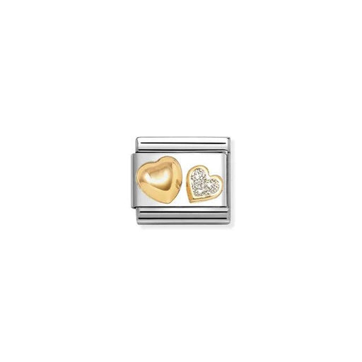 Nomination Classic Link with raised yellow-gold heart and silver glitter heart on stainless steel.