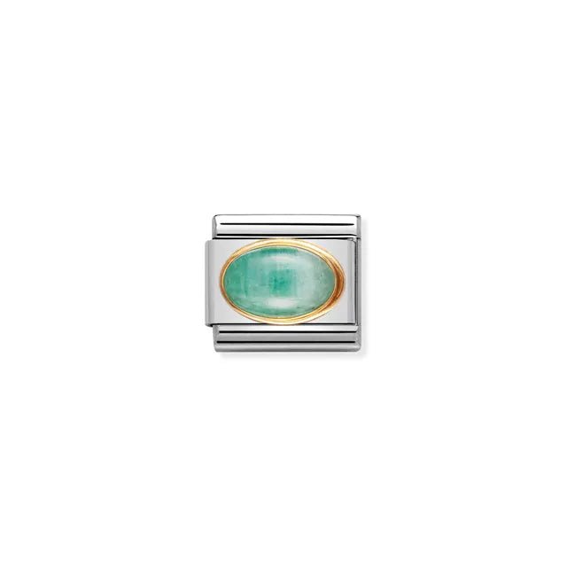 Nomination Classic Link charm with oval emerald cabochon in bonded yellow-gold bezel on stainless steel; May birthstone.