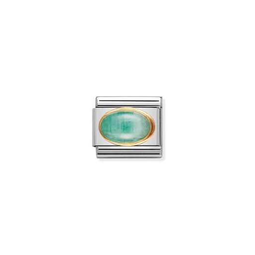 Nomination Classic Link charm with oval emerald cabochon in bonded yellow-gold bezel on stainless steel; May birthstone.