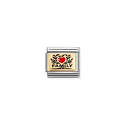 Nomination Classic Link with bonded yellow-gold plate, black enamel “Family” text and red enamel heart on stainless steel.