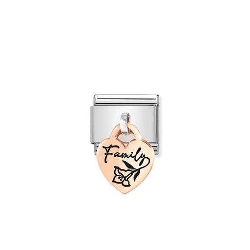 Nomination Classic Link family heart pendant in bonded rose gold with black engraved “Family” and flower, stainless steel base, for Composable bracelets