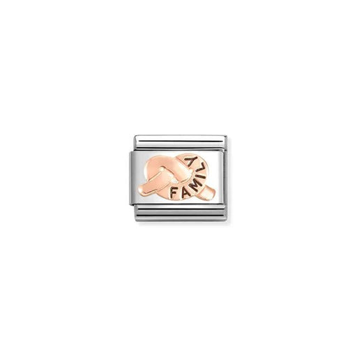 Close-up of Nomination FAMILY promise knot Classic Link in stainless steel with bonded rose gold and black enamel