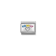 Nomination Classic Link with FAMILY rainbow enamel lettering and white CZ heart in oxidised sterling silver, Composable bracelet charm