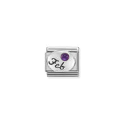 Nomination Classic Link with Feb script and purple amethyst on stainless steel.