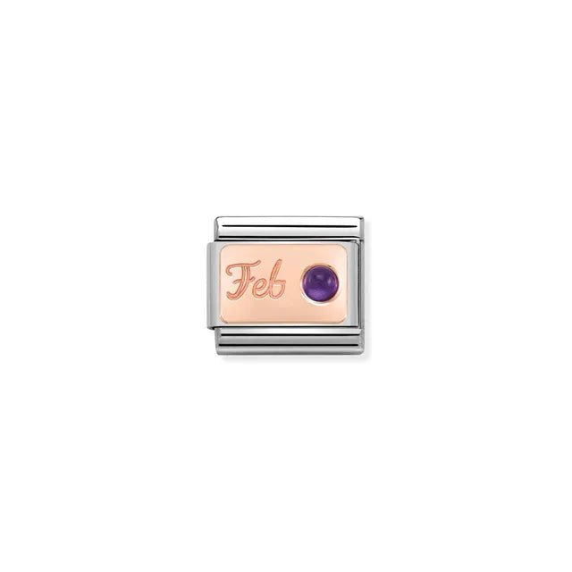 Nomination Classic Link February amethyst birthstone charm on rose-gold plate engraved Feb, stainless steel, for Composable Nomination bracelets