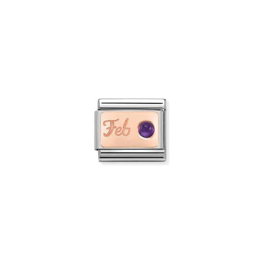 Nomination Classic Link February amethyst birthstone charm on rose-gold plate engraved Feb, stainless steel, for Composable Nomination bracelets