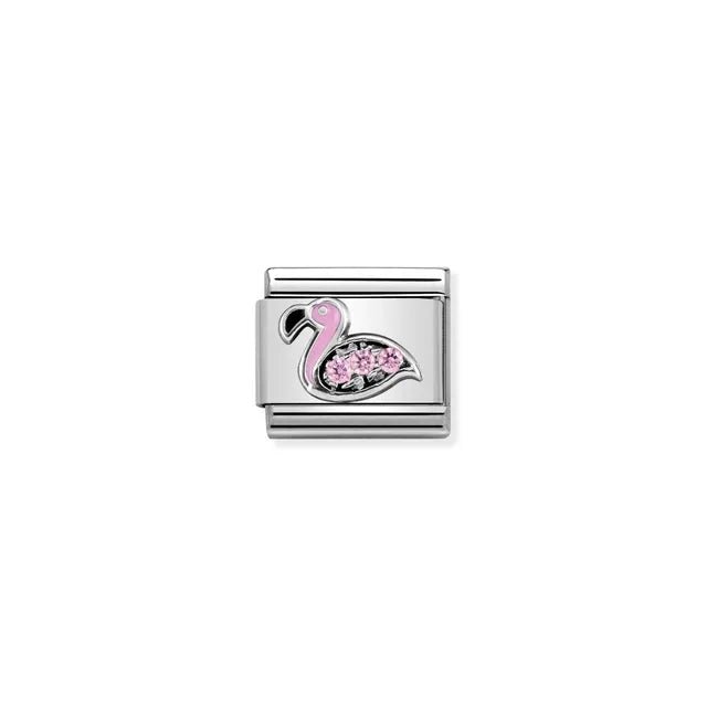 Nomination Classic Link with sterling-silver flamingo, pink CZ and enamel