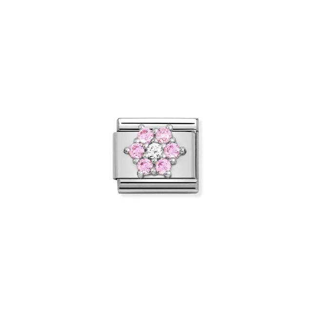 Nomination Classic Link flower in silver with pink and white cubic zirconia – charm for Nomination Bracelets.
