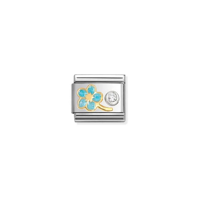 Nomination Classic Link forget-me-not in blue enamel with single white cubic zirconia set in sterling silver on stainless steel, compatible with Composable Nomination bracelets