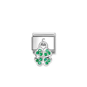 Nomination Classic Link with four-leaf clover pendant in sterling silver with green cubic zirconia, Composable bracelet charm