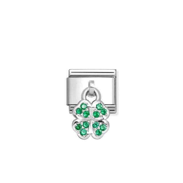 Nomination Classic Link with four-leaf clover pendant in sterling silver with green cubic zirconia, Composable bracelet charm