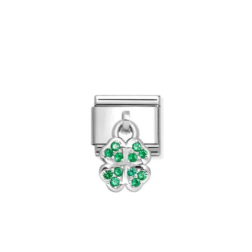 Nomination Classic Link with four-leaf clover pendant in sterling silver with green cubic zirconia, Composable bracelet charm