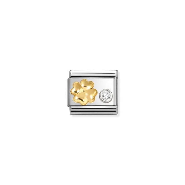 Nomination Classic Link with yellow-gold four-leaf clover and single white CZ, stainless steel