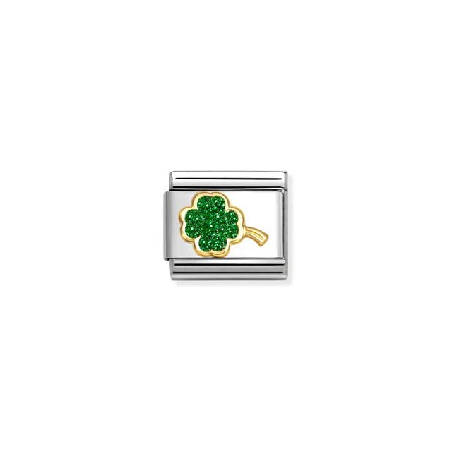 Nomination Classic Link four-leaf clover with green glitter enamel and bonded yellow gold, Composable bracelet charm