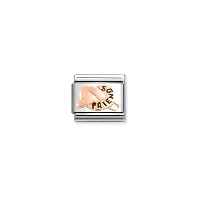 Close-up of Nomination FRIENDS promise knot Classic Link in stainless steel with bonded rose gold and black enamel