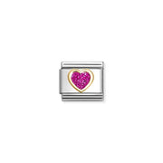 Nomination Classic Link with yellow-gold heart filled with fuchsia glitter on stainless steel.