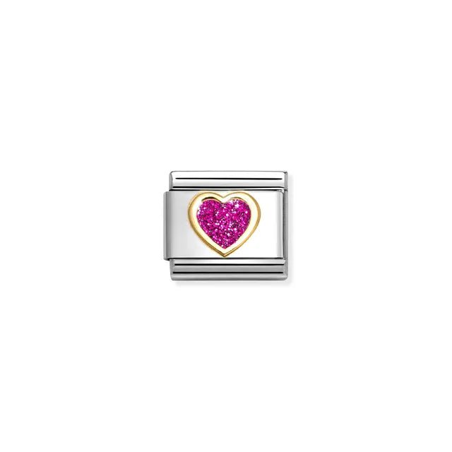 Nomination Classic Link with yellow-gold heart filled with fuchsia glitter on stainless steel.