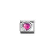 Close-up of Nomination Fuchsia Heart Classic Link with sterling-silver beaded halo and 5x5mm faceted stone