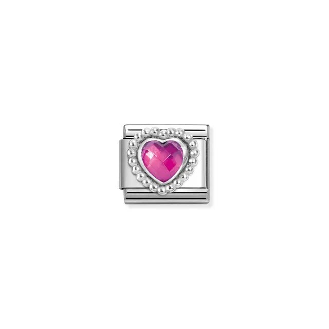 Close-up of Nomination Fuchsia Heart Classic Link with sterling-silver beaded halo and 5x5mm faceted stone