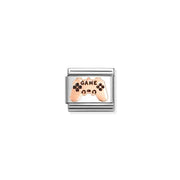 Close-up of Nomination Game Controller Classic Link in stainless steel with bonded rose gold and black enamel