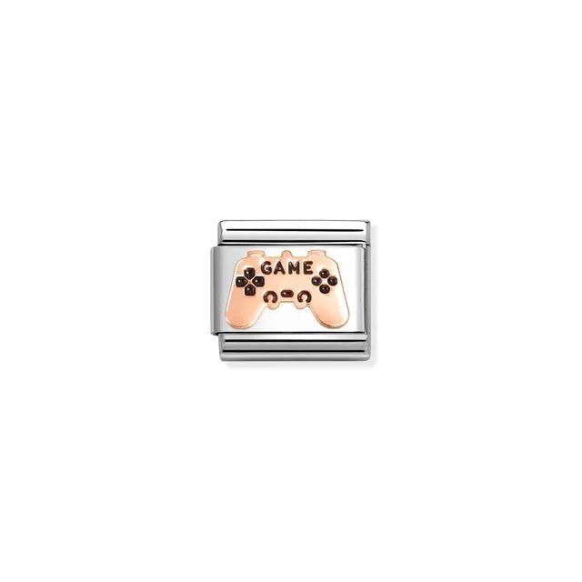 Close-up of Nomination Game Controller Classic Link in stainless steel with bonded rose gold and black enamel