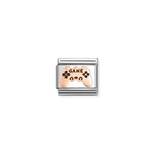 Close-up of Nomination Game Controller Classic Link in stainless steel with bonded rose gold and black enamel