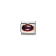Nomination Classic Link charm with oval garnet cabochon in bonded yellow-gold bezel on stainless steel; January birthstone.