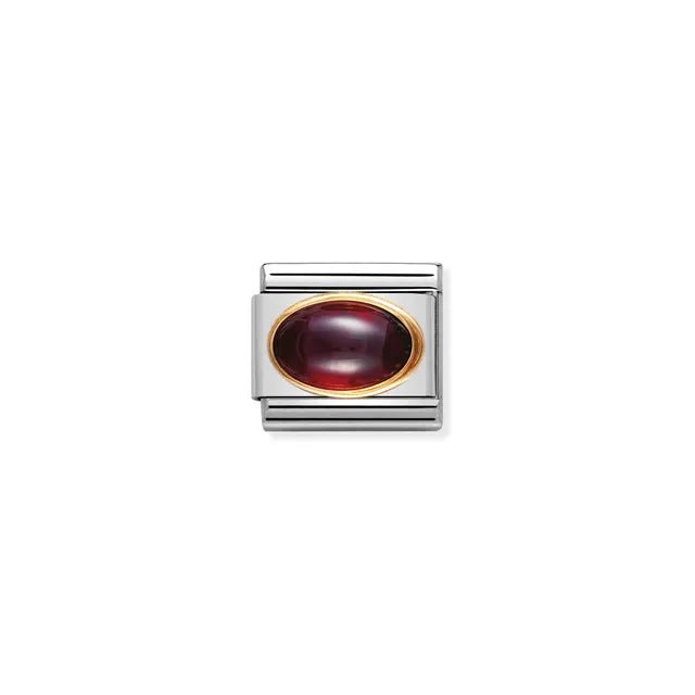 Nomination Classic Link charm with oval garnet cabochon in bonded yellow-gold bezel on stainless steel; January birthstone.