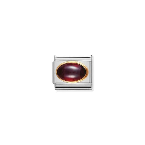 Nomination Classic Link charm with oval garnet cabochon in bonded yellow-gold bezel on stainless steel; January birthstone.