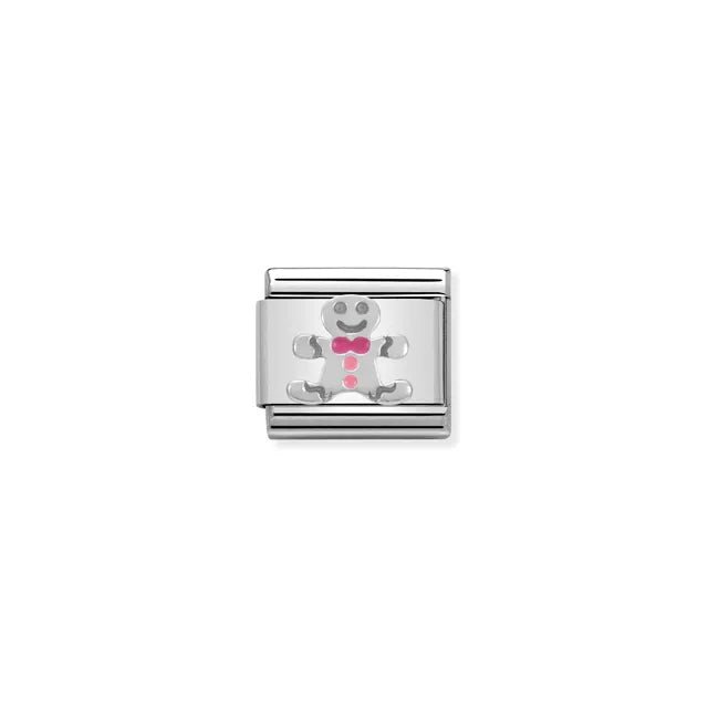Classic Nomination gingerbread man charm link with pink enamel on stainless steel