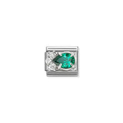 Nomination Classic Link green teardrop cubic zirconia with white CZ cluster in sterling-silver setting on stainless steel, compatible with Composable Nomination bracelets