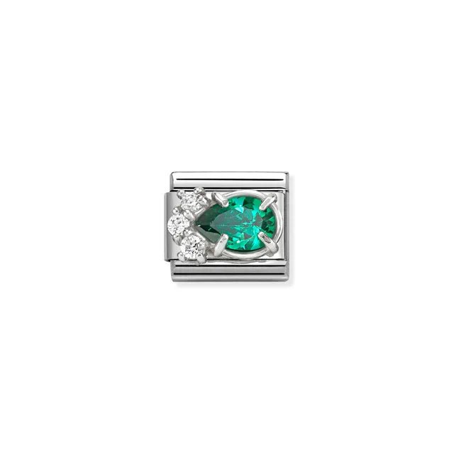 Nomination Classic Link green teardrop cubic zirconia with white CZ cluster in sterling-silver setting on stainless steel, compatible with Composable Nomination bracelets