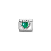 Close-up of Nomination Faceted Green Heart Classic Link with sterling-silver beaded setting and 5x5mm green stone