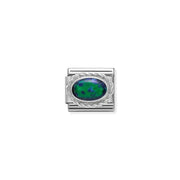 Close-up of Nomination Classic Link with oval green opal (7x5mm) in a sterling-silver rope bezel on stainless steel
