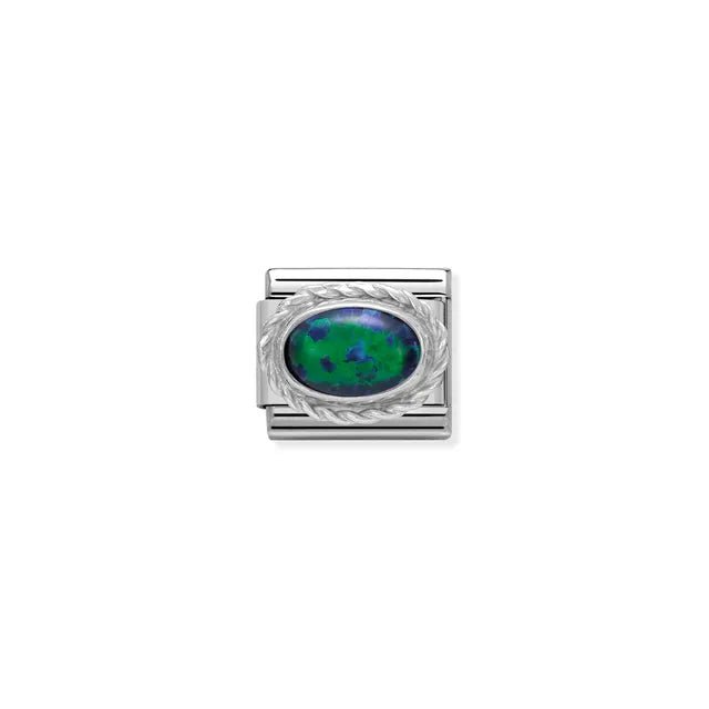 Close-up of Nomination Classic Link with oval green opal (7x5mm) in a sterling-silver rope bezel on stainless steel